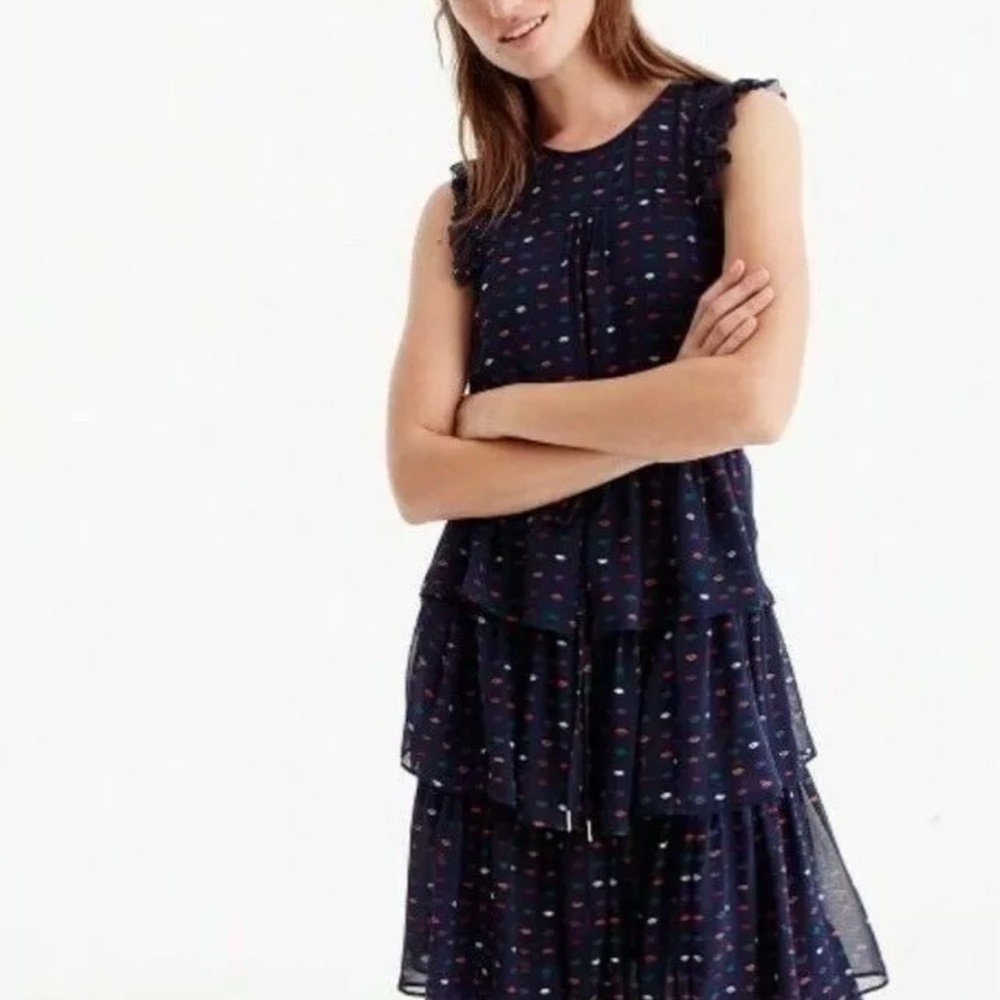J.Crew 100% Silk Navy Tiered Midi Length Lips Print Ruffle Sleeveless Dress 10